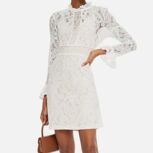 NWT Maje Riline Paisley Lace Ruffle Trim Mini Dress Ecru Size FR 36